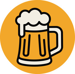 Vector illustration of a frothy beer mug with beer on a vibrant orange circle