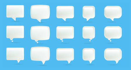 Vector illustration of set of realistic text speech bubble on blue background. Social media symbol of communication icon. 3d cartoon style design of different size shape white color speech bubble