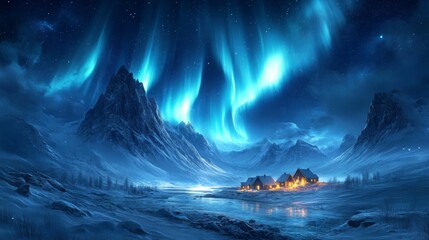 Serene Icelandic cottages bathed in ethereal glow of Aurora Borealis breathtaking winter night scene