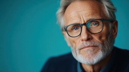 A mature man with gray hair and glasses gazes thoughtfully at the camera against a soft turquoise backdrop, exuding wisdom and experience that captivates the viewer.