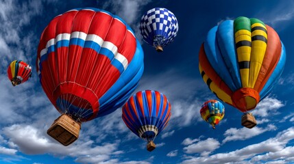 Obraz premium Colorful hot air balloons float in a bright blue sky with scattered clouds