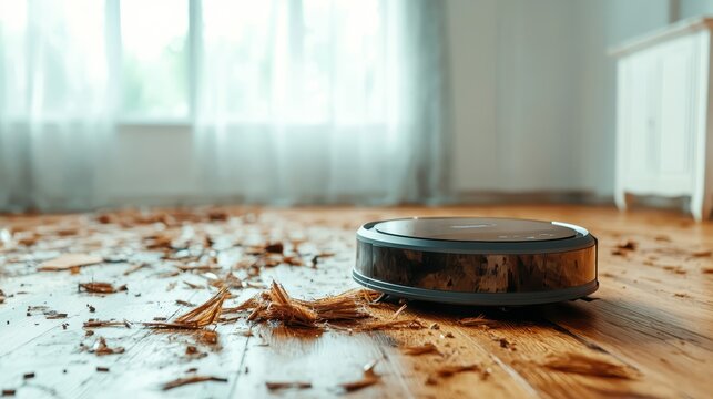 This image features a robotic vacuum cleaner navigating through a room with a messy wooden floor, showcasing its cleaning capabilities amidst scattered debris.