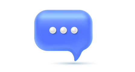 Vector illustration of realistic blue color speech bubble with dot on white background. 3d cartoon style design of text speech bubble. Social media symbol of communication icon