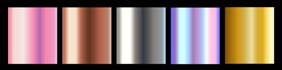 Vector set of different foil metallic gradation texture in frame. Metal effect. 3d realistic style design of rose gold, yellow gold, silver, bronze and holographic color shiny metal gradient