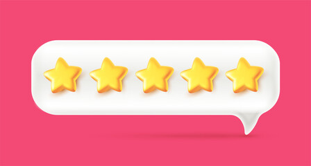 Vector illustration of realistic speech bubble with golden 5 star. 3d cartoon style design of text speech bubble with five star rate. Social media symbol of communication icon with review comment