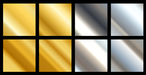 Vector set of different silver and golden foil metallic texture gradation for border, ribbon, frame. Background set. 3d realistic style design of steel and yellow gold shiny gradient with stripe