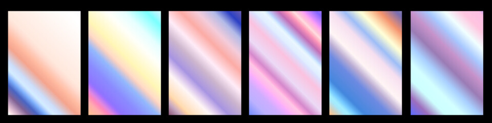 3d realistic style design of shiny blue, yellow and purple metallic gradient pattern. Vector set of different holographic textured gradation swatch in frame. Background set. Overexposed film effect