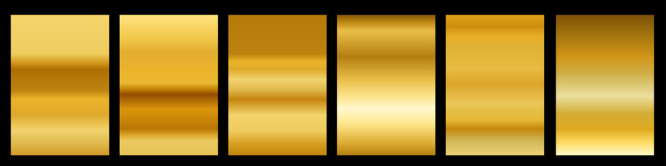Vector background set. Set of different golden foil metallic texture gradation. 3d realistic style design of yellow gold shiny gradient with stripe for border, ribbon, frame
