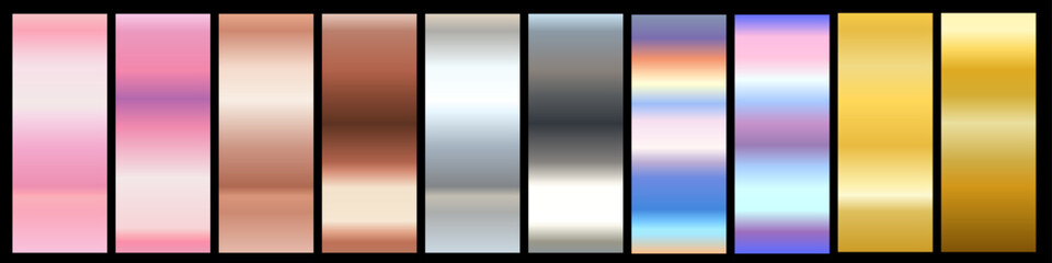 3d realistic style design of yellow gold, rose gold, holographic, silver and bronze color shiny metal gradient. Vector set of different foil metallic gradation texture in frame. Metal effect
