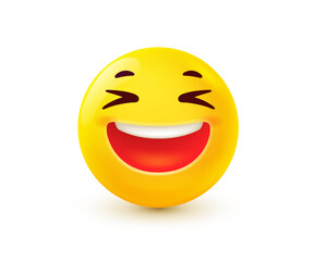 Fototapeta premium Vector illustration of yellow smile emoji. Happy emotion face with smile, joy and laughter. 3d cartoon style design of positive emoticon. Funny smiley character icon. Happy mood and facial expression