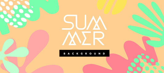 Vector summer illustration. Flat creative cartoon retro style design of summer template with tropical leaves. Geometric seasonal background with abstract shape and text
