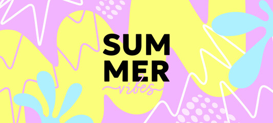 Vector seasonal illustration. Flat creative cartoon retro style design of summer template with tropical leaves and line. Geometric background with abstract shape and summer text