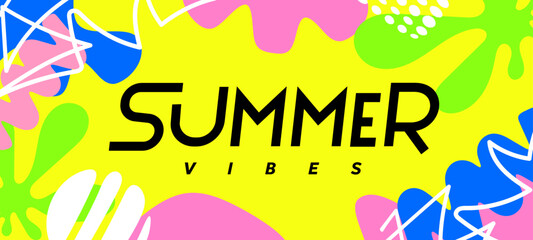 Vector cartoon illustration of summer geometric tropical background with abstract shape. Flat creative seasonal style design of bright template with line and summer text