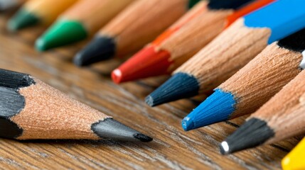 Close-up of colorful sharpened colored pencils arranged on a wooden surface