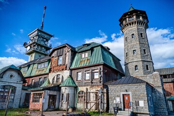 old touristic shelter on top of klinovec mountain czechia