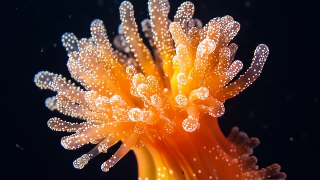 Vibrant orange sea anemone with delicate tentacles illuminated against a dark background