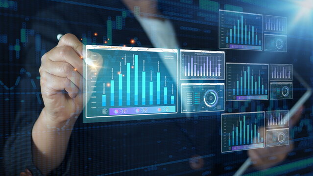 Manager touches growth graph on analytics dashboard. Business data analysis reports with marketing finance management strategy. Digital charts graphs increase business performance, sales statistic