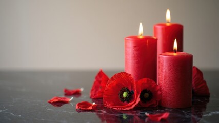 Three burning red candles with remembrance poppies on dark marble surface, memorial tribute composition, honoring fallen soldiers, solemn commemorative setting