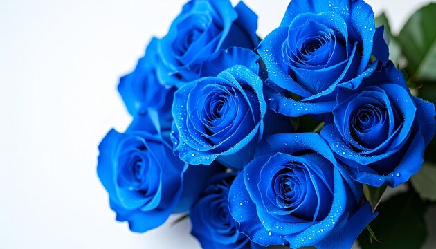 Macro photo image of blue roses with dew drops on it, white background.