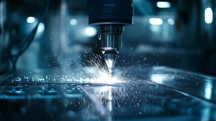 Close-up of robotic welding machine in an industrial facility, sparks flying as the machine performs precise welding on metal parts, CNC systems visible in the background