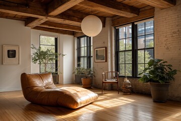 Bright, sunlit room showcasing mid-century modern loft interior design with wooden beams, large windows, brown leather chaise lounge. Concept of mid-century modern loft interior design, decor, ideas.