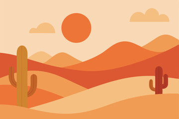 Desert landscape vector illustration with cactus silhouettes at sunset