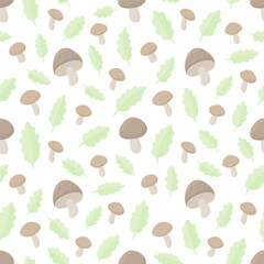 Seamless pattern with mushrooms and leaves
