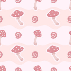 Pink seamless pattern with fly agaric mushrooms
