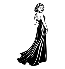 Fototapeta premium Elegant Woman in Long Dress Looking Back over Shoulder in Black and White Vintage Illustration