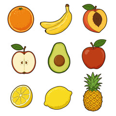 Assortment of different fruits and berries, flat lay, top view, apple, strawberry, pomegranate, mango, avocado, orange, lemon, kiwi, peach isolated on white background