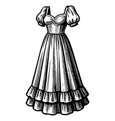 Elegant black and white dress with puffy sleeves and ruffled hemline illustration
