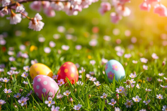 Colorful Easter eggs in green grass, spring meadow with blooming cherry blossoms, festive holiday background in sunlight