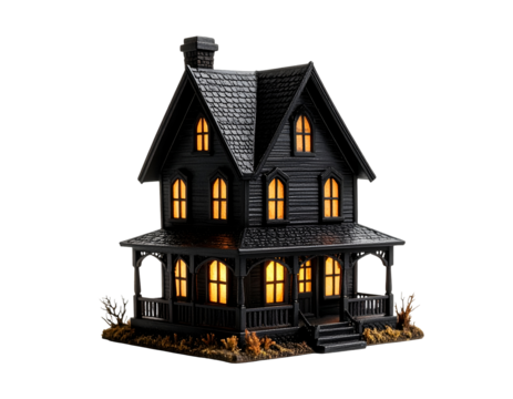 Black house with illuminated windows and ornate porch in autumn setting. Isolated transparent background