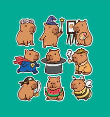 Cute Capybara Characters in Funny Costumes Cartoon Animal Set