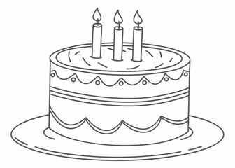 vector outline illustration of a classic round birthday cake with three lit candles on top, clean lines