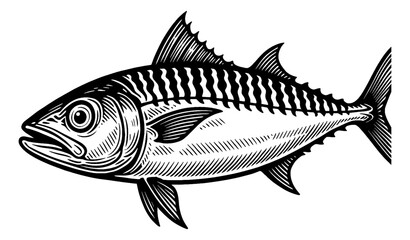 Engraving Illustration of a Mackerel Fish with Detailed Lines in Black and White