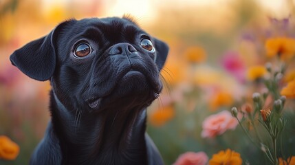 A cute black pug with expressive eyes sits among blooming wildflowers.