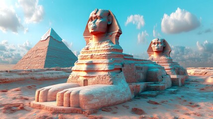 An Awe inspiring view of Giza pyramids and Sphinx bathed in warm sunlight