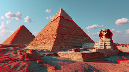 An Awe inspiring view of Giza pyramids and Sphinx bathed in warm sunlight