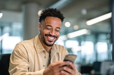 Obraz premium Man using phone in modern office setting