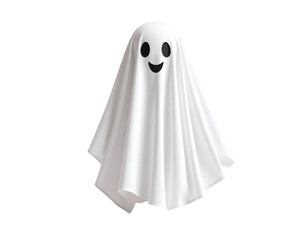 Cartoon ghost with a smiling face in a white sheet. Isolated transparent background