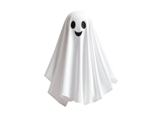 Cartoon ghost with a smiling face in a white sheet. Isolated transparent background
