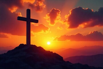 A single, stark cross silhouetted against a dramatic sunset, symbolizing sacrifice and hope on Good Friday The image evokes feelings of peace, redemption, and spiritual reflection , majestic, spring