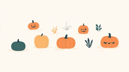 A simple illustration featuring various pumpkins, some carved with jack-o'-lantern faces, and small tufts of foliage