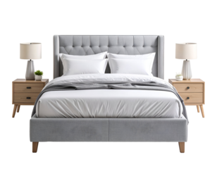 Modern gray bed with white linens and bedside lamps in minimalistic setting. Isolated transparent background