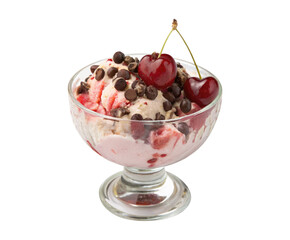 A glass bowl of cherry chocolate yogurt with chocolate chips isolated on a transparent background png