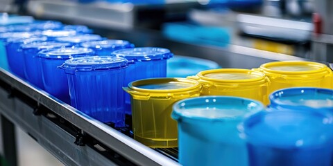 Processed plastic containers on conveyor belt