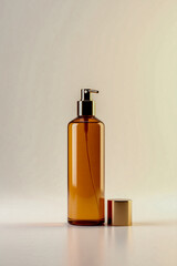 Fototapeta premium Pump dispenser bottle mockup in ambercolor, isolated on white, perfect for body lotion packaging