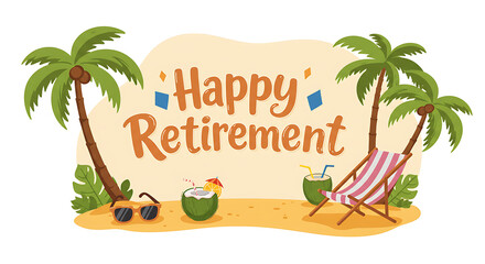 Happy Retirement Beach Scene Tropical Paradise Illustration