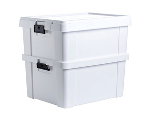 Stacked white storage boxes for organization and decluttering. Isolated transparent background